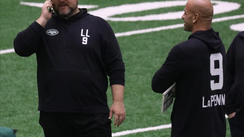 General manager Joe Douglas and head coach Robert Saleh at the New York Jets Rookie Camp, held at their practice facility in Florham Park, NJ on May 6, 2022.
The New York Jets Held Rookie Camp At Their Practice Facility In Florham Park Nj On May 6 2022