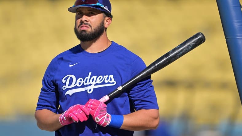 May 12, 2022; Los Angeles, California, USA; Los Angeles Dodgers third baseman Edwin Rios (43) looks on during batting practice before the game against the Philadelphia Phillies at Dodger Stadium. Mandatory Credit: Jayne Kamin-Oncea-USA TODAY Sports