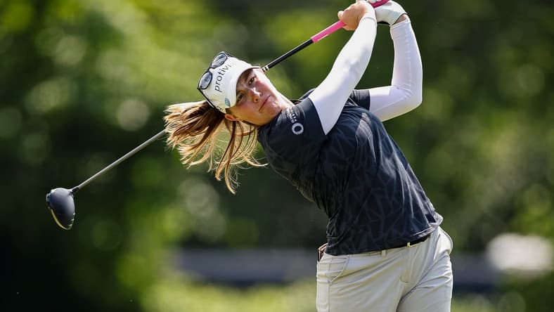 Jun 24, 2022; Bethesda, Maryland, USA; Jennifer Kupcho plays her shot from the 18th tee during the second round of the KPMG Women's PGA Championship golf tournament at Congressional Country Club. Mandatory Credit: Scott Taetsch-USA TODAY Sports
