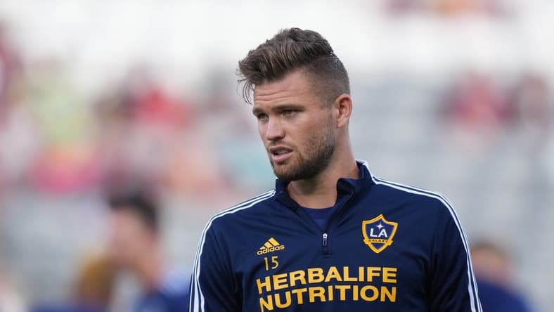 Jul 16, 2022; Commerce City, Colorado, USA;  Los Angeles Galaxy defender Eriq Zavaleta (15) prior to the match against the Colorado Rapids at Dick's Sporting Goods Park. Mandatory Credit: Ron Chenoy-USA TODAY Sports