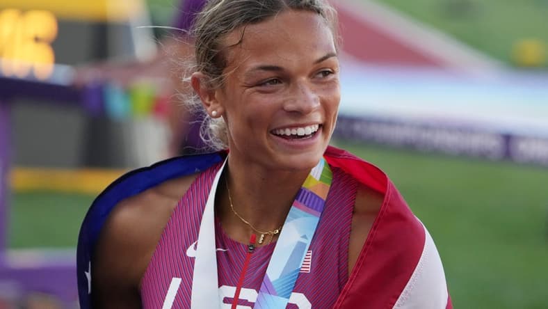 Jul 18, 2022; Eugene, Oregon, USA; Anna Hall (USA) celebrates after winning the bronze medal in the women s heptathlon during the World Athletics Championships Oregon 22 at Hayward Field. Mandatory Credit: Kirby Lee-USA TODAY Sports