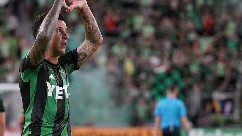 Aug 6, 2022; Austin, Texas, USA; Austin FC star Sebastian Driussi (7) celebrates his goal during the first half against the San Jose Earthquakes at Q2 Stadium. Mandatory Credit: Scott Wachter-USA TODAY Sports