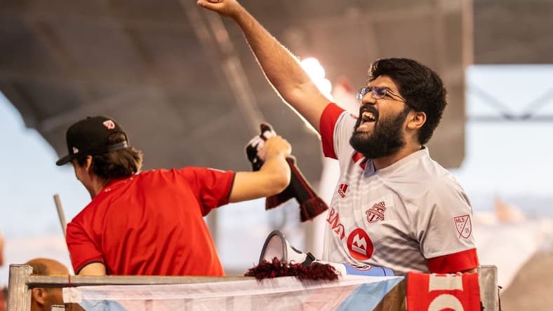 Aug 13, 2022; Toronto, Ontario, CAN; Toronto FC fans celebrate a goal against Portland Timbers during the first half at BMO Field. Mandatory Credit: Kevin Sousa-USA TODAY Sports