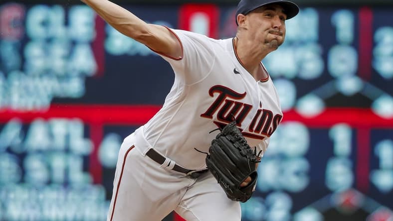 Aug 28, 2022; Minneapolis, Minnesota, USA; Minnesota Twins starting pitcher Aaron Sanchez (43) throws to the San Francisco Giants in the second inning at Target Field. Mandatory Credit: Bruce Kluckhohn-USA TODAY Sports
