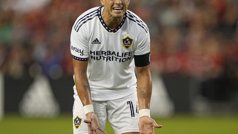 Aug 31, 2022; Toronto, Ontario, CAN; LA Galaxy forward Javier Hernandez (14) reacts to a play against Toronto FC during the first half at BMO Field. Mandatory Credit: John E. Sokolowski-USA TODAY Sports