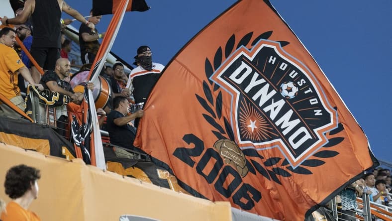 Aug 31, 2022; Houston, Texas, USA; Houston Dynamo FC fans cheer against the Los Angeles FC in the first half at PNC Stadium. Mandatory Credit: Thomas Shea-USA TODAY Sports