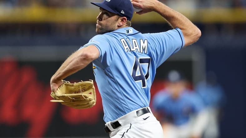Sep 2, 2022; St. Petersburg, Florida, USA; Tampa Bay Rays relief pitcher Jason Adam (47) throws a pitch against the New York Yankees in the eighth inning at Tropicana Field. Mandatory Credit: Nathan Ray Seebeck-USA TODAY Sports