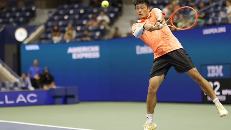 Sep 2, 2022; Flushing, NY, USA; Yibing Wu (CHN) hits a backhand against Daniil Medvedev (not pictured) on day five of the 2022 U.S. Open tennis tournament at USTA Billie Jean King Tennis Center. Mandatory Credit: Geoff Burke-USA TODAY Sports