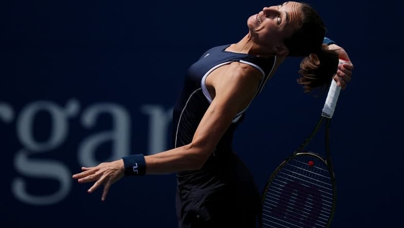 Sep 3, 2022; Flushing, NY, USA; Petra Martic of Croatia serves to Victoria Azarenka on day six of the 2022 U.S. Open tennis tournament at USTA Billie Jean King Tennis Center. Mandatory Credit: Danielle Parhizkaran-USA TODAY Sports