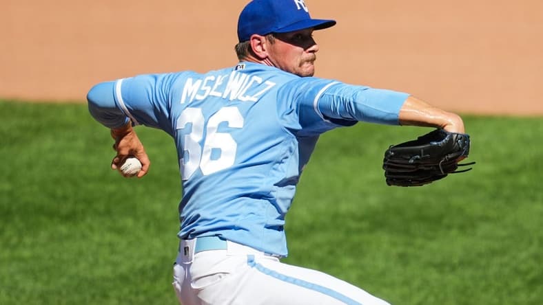 Aug 28, 2022; Kansas City, Missouri, USA; Kansas City Royals relief pitcher Anthony Misiewicz (36) pitches against the San Diego Padres during the seventh inning at Kauffman Stadium. Mandatory Credit: Jay Biggerstaff-USA TODAY Sports
