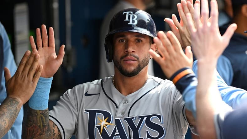 Sep 15, 2022; Toronto, Ontario, CAN; Tampa Bay Rays left fielder David Peralta (6) celebrates in the dugout with team mates after scoring against the Toronto Blue Jays in the second inning at Rogers Centre. Mandatory Credit: Dan Hamilton-USA TODAY Sports