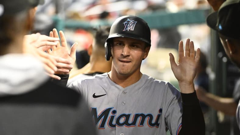 Sep 16, 2022; Washington, District of Columbia, USA; Miami Marlins center fielder JJ Bleday (67) is congratulated by teammates after scoring a run against the Washington Nationals during the second inning at Nationals Park. Mandatory Credit: Brad Mills-USA TODAY Sports