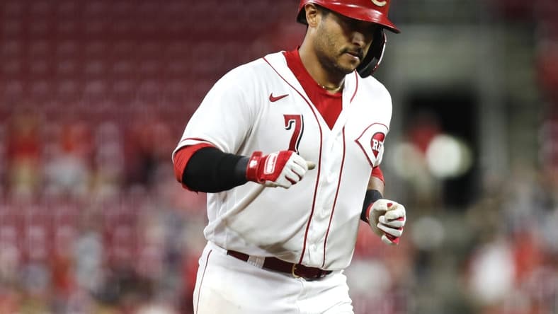 Sep 21, 2022; Cincinnati, Ohio, USA; Cincinnati Reds first baseman Donovan Solano (7) rounds the bases after hitting a solo home run Boston Red Sox during the eighth inning at Great American Ball Park. Mandatory Credit: David Kohl-USA TODAY Sports