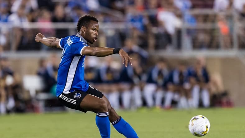 Sep 24, 2022; Stanford, California, USA; San Jose Earthquakes forward Jeremy Ebobisse (11) passes against the Los Angeles Galaxy during the first half at Stanford Stadium. Mandatory Credit: John Hefti-USA TODAY Sports