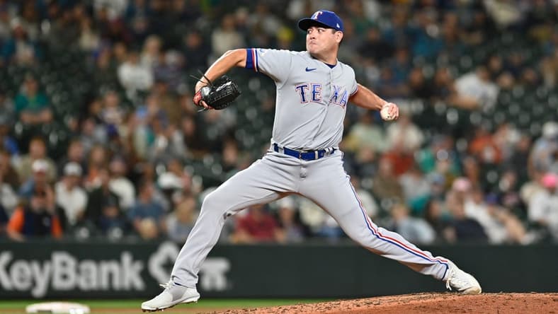 Sep 27, 2022; Seattle, Washington, USA; Texas Rangers relief pitcher Matt Moore (45) throws against the Seattle Mariners during the seventh inning at T-Mobile Park. Mandatory Credit: Steven Bisig-USA TODAY Sports