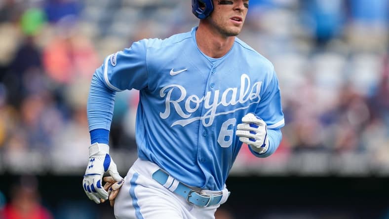 Sep 22, 2022; Kansas City, Missouri, USA; Kansas City Royals center fielder Drew Waters (6) rounds the bases after hitting a home run during the fifth inning against the Minnesota Twins at Kauffman Stadium. Mandatory Credit: Jay Biggerstaff-USA TODAY Sports