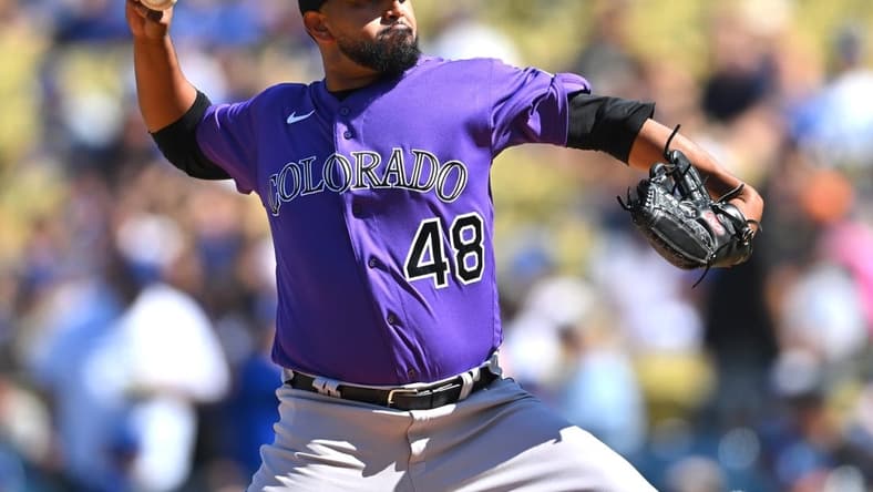 Oct 2, 2022; Los Angeles, California, USA; Colorado Rockies starting pitcher German Marquez (48) throws to the plate in the third inning against the Los Angeles Dodgers at Dodger Stadium. Mandatory Credit: Jayne Kamin-Oncea-USA TODAY Sports
