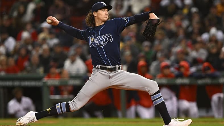 Oct 3, 2022; Boston, Massachusetts, USA; Tampa Bay Rays starting pitcher Tyler Glasnow (20) pitches against the Boston Red Sox during the first at inning at Fenway Park. Mandatory Credit: Brian Fluharty-USA TODAY Sports