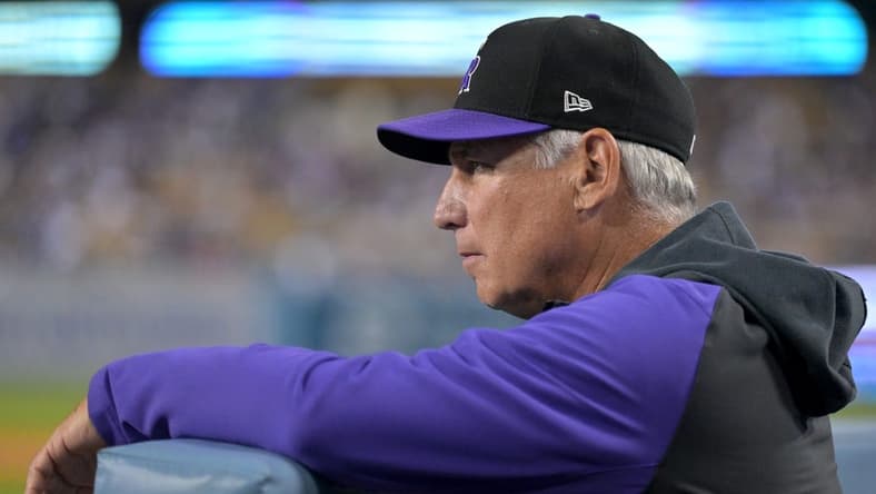Oct 4, 2022; Los Angeles, California, USA; Colorado Rockies manager Bud Black (10) looks on from the dugout in the first inning against the Los Angeles Dodgers at Dodger Stadium. Mandatory Credit: Jayne Kamin-Oncea-USA TODAY Sports