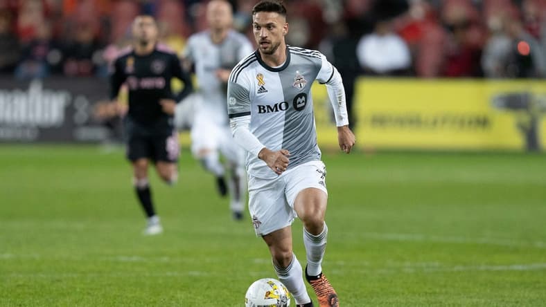 Sep 30, 2022; Toronto, Ontario, CAN; Toronto FC forward Jesus Jimenez (9) controls the ball against Inter Miami during the second half at BMO Field. Mandatory Credit: Nick Turchiaro-USA TODAY Sports