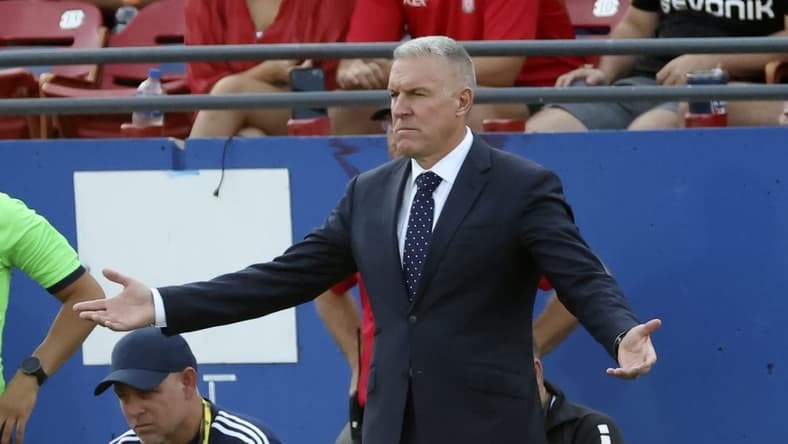 Oct 9, 2022; Frisco, Texas, USA; Sporting Kansas City head coach Peter Vermes reacts during the second half against FC Dallas at Toyota Stadium. Mandatory Credit: Kevin Jairaj-USA TODAY Sports