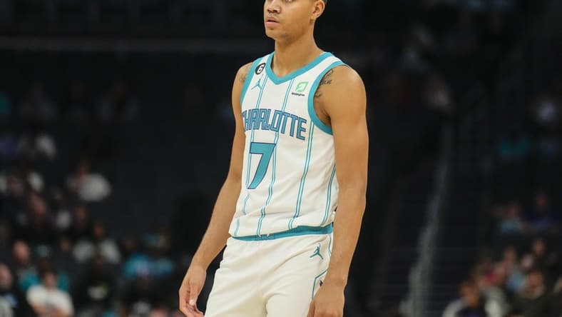 Oct 10, 2022; Charlotte, North Carolina, USA; Charlotte Hornets guard Bryce McGowens (7) enters the game during the second quarter against the Washington Wizards at Spectrum Center. Mandatory Credit: Jim Dedmon-USA TODAY Sports