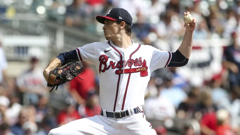 Oct 11, 2022; Atlanta, Georgia, USA; Atlanta Braves starting pitcher Max Fried (54) throws against the Philadelphia Phillies in the first inning during game one of the NLDS for the 2022 MLB Playoffs at Truist Park. Mandatory Credit: Brett Davis-USA TODAY Sports