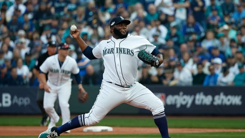Oct 15, 2022; Seattle, Washington, USA; Seattle Mariners relief pitcher Diego Castillo (63) pitches in the ninth inning against the Houston Astros during game three of the ALDS for the 2022 MLB Playoffs at T-Mobile Park. Mandatory Credit: Joe Nicholson-USA TODAY Sports