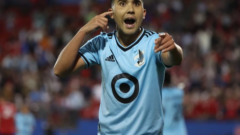 Oct 17, 2022; Frisco, Texas, US; Minnesota United midfielder Emanuel Reynoso (10) reacts to a goal that was ruled offside in the second half against the FC Dallas at Toyota Stadium. Mandatory Credit: Kevin Jairaj-USA TODAY Sports