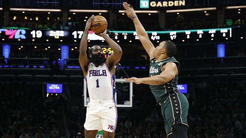 Oct 18, 2022; Boston, Massachusetts, USA; Philadelphia 76ers guard James Harden (1) shoots against Boston Celtics forward Grant Williams (12) during the first quarter at TD Garden. Mandatory Credit: Winslow Townson-USA TODAY Sports