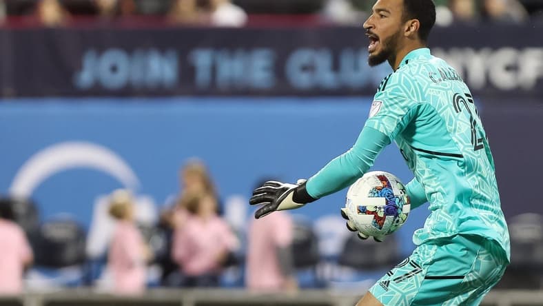Oct 17, 2022; Flushing, New York, USA; Inter Miami goalkeeper Drake Callender (27) directs his team against New York City during the first half at Citi Field. Mandatory Credit: Tom Horak-USA TODAY Sports