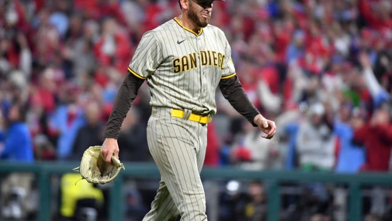 Oct 21, 2022; Philadelphia, Pennsylvania, USA; San Diego Padres starting pitcher Joe Musgrove (44) leaves the game during game in the sixth inning three of the NLCS against the Philadelphia Phillies for the 2022 MLB Playoffs at Citizens Bank Park. Mandatory Credit: Eric Hartline-USA TODAY Sports