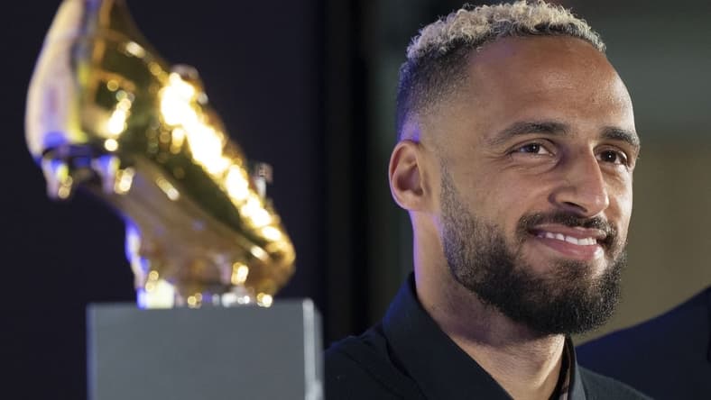 Nov 1, 2022; Nashville, Tennessee, USA;
Nashville SC's Hany Mukhtar smiles as he receives his Landon Donovan MLS MVP award during a press conference at Geodis Park.
Mandatory Credit: George Walker IV - USA TODAY Sports