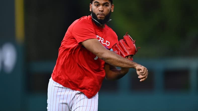 Nov 1, 2022; Philadelphia, PA, USA; Philadelphia Phillies pitcher Seranthony Dominguez (58) before Game 3 of the 2022 World Series against the Houston Astros at Citizens Bank Park. Mandatory Credit: Kyle Ross-USA TODAY Sports