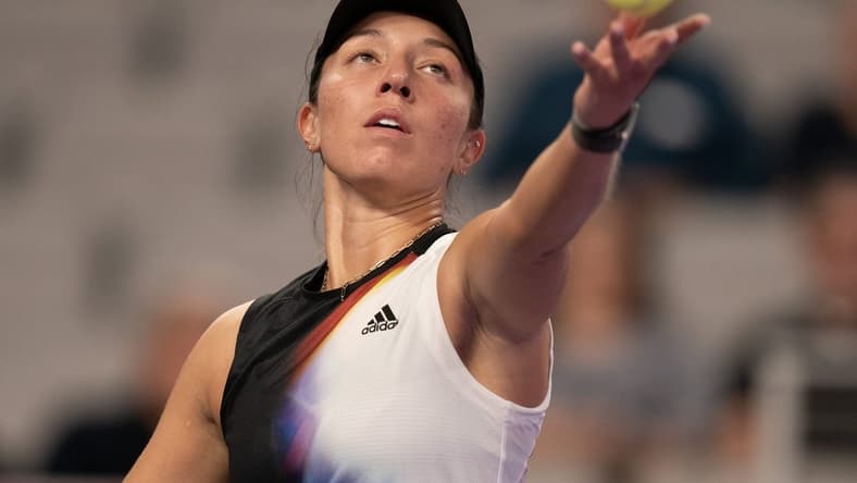 Nov 2, 2022; Forth Worth, TX, USA; Jessica Pegula (USA) tosses the ball to serve during her match against Ons Jabeur (TUN) on day three of the WTA Finals at Dickies Arena. Mandatory Credit: Susan Mullane-USA TODAY Sports