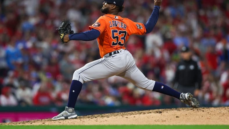 Nov 2, 2022; Philadelphia, Pennsylvania, USA; Houston Astros starting pitcher Cristian Javier (53) pitches against the Philadelphia Phillies during the fifth inning in game four of the 2022 World Series at Citizens Bank Park. Mandatory Credit: Bill Streicher-USA TODAY Sports