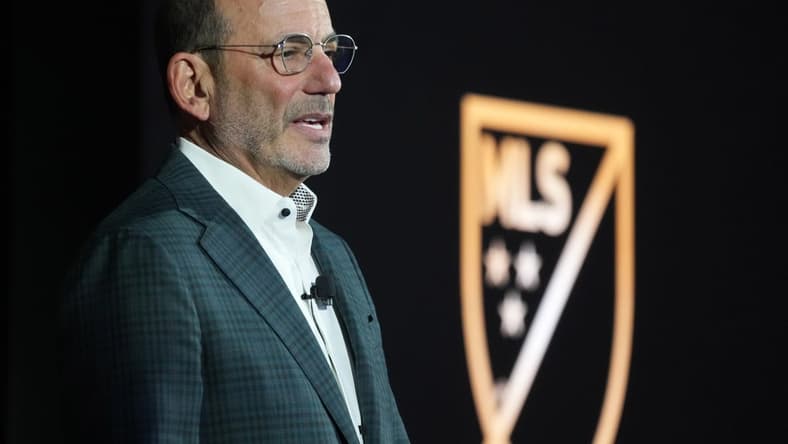 Nov 3, 2022; Los Angeles, California, US; MLS Commissioner Don Garber speaks during MLS Cup Media Day at InterContinental Los Angeles Downtown. Mandatory Credit: Kirby Lee-USA TODAY Sports