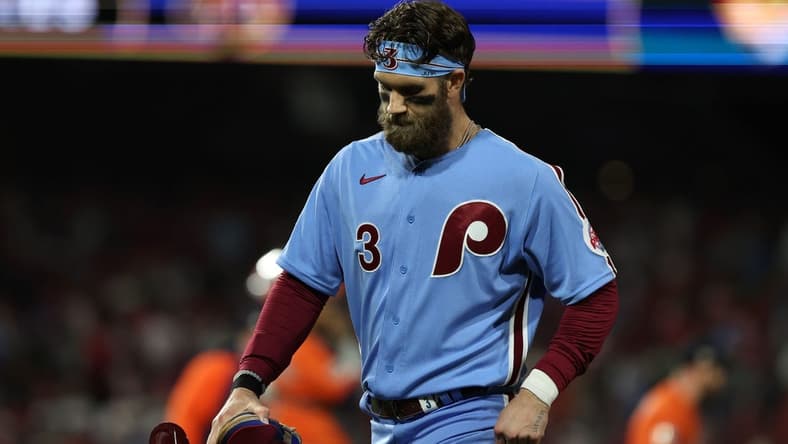 Nov 3, 2022; Philadelphia, Pennsylvania, USA; Philadelphia Phillies designated hitter Bryce Harper (3) reacts against the Houston Astros after the ninth inning in game five of the 2022 World Series at Citizens Bank Park. Mandatory Credit: Bill Streicher-USA TODAY Sports