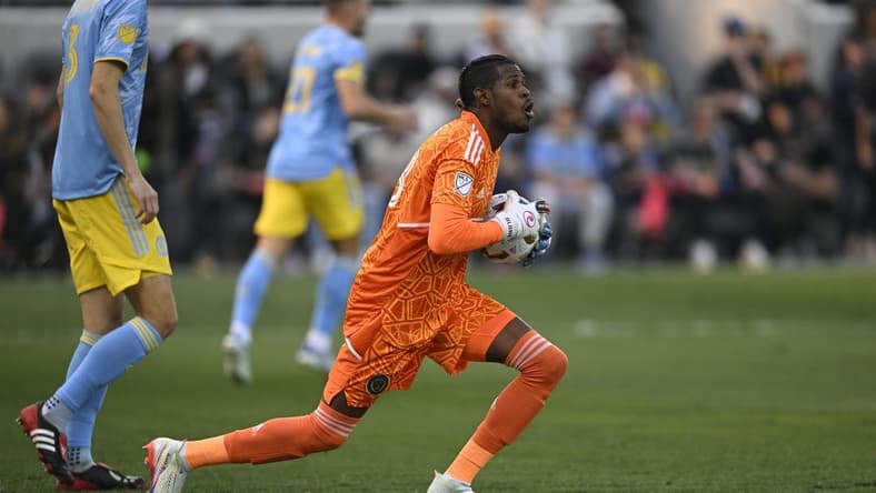 Nov 5, 2022; Los Angeles, California, US; Philadelphia Union goalkeeper Andre Blake (18) makes a save against Los Angeles FC during the first half at Banc of California Stadium. Mandatory Credit: Kelvin Kuo-USA TODAY Sports