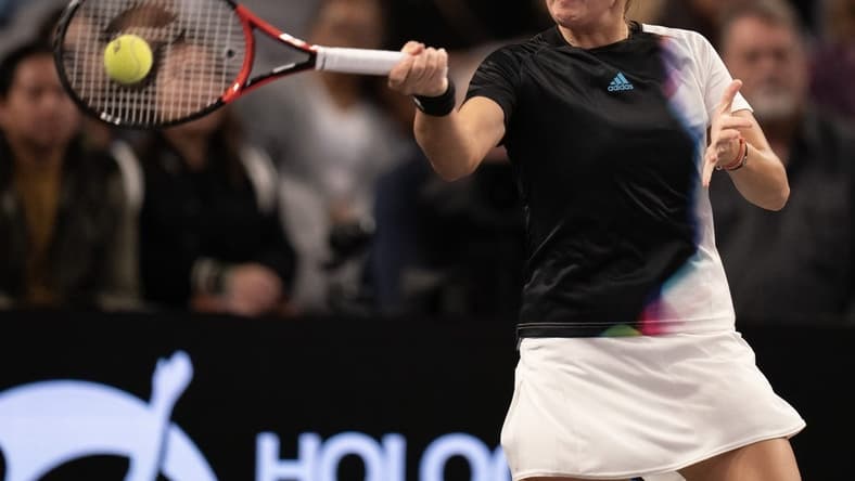 Nov 5, 2022; Forth Worth, TX, USA; Daria Kasatkina returns a shot during her match against Caroline Garcia (FRA) on day six of the WTA Finals at Dickies Arena. Mandatory Credit: Susan Mullane-USA TODAY Sports