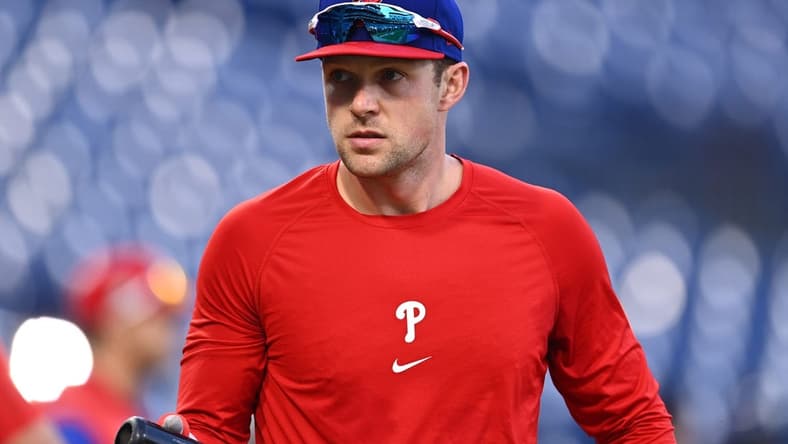Nov 1, 2022; Philadelphia, PA, USA; Philadelphia Phillies first baseman Rhys Hoskins (17) warms up before game three of the 2022 World Series against the Houston Astros at Citizens Bank Park. Mandatory Credit: Kyle Ross-USA TODAY Sports