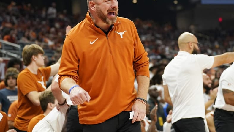 Nov 10, 2022; Austin, Texas, USA; Texas Longhorns head coach Chris Beard argues a call during the first half against the Houston Christian Huskies at Moody Center. Mandatory Credit: Scott Wachter-USA TODAY Sports