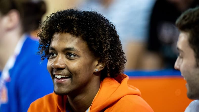 Florida Gators recruit Jaden Rashada smiles on the sideline during the second half against the Florida Gators at Steve Spurrier Field at Ben Hill Griffin Stadium in Gainesville, FL on Saturday, November 12, 2022. [Matt Pendleton/Gainesville Sun]

Ncaa Football Florida Gators Vs South Carolina Gamecocks