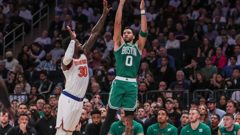Nov 5, 2022; New York, New York, USA;  Boston Celtics forward Jayson Tatum (0) and New York Knicks forward Julius Randle (30) at Madison Square Garden. Mandatory Credit: Wendell Cruz-USA TODAY Sports
