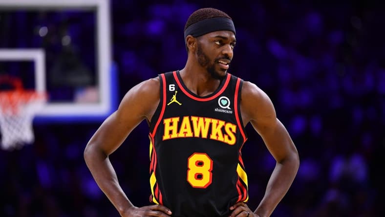 Nov 12, 2022; Philadelphia, Pennsylvania, USA; Atlanta Hawks forward Justin Holiday (8) looks on against the Philadelphia 76ers in the third quarter at Wells Fargo Center. Mandatory Credit: Kyle Ross-USA TODAY Sports