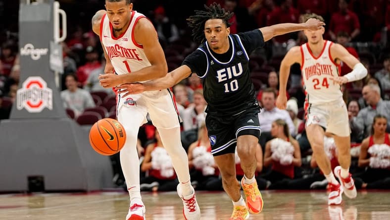 Nov 16, 2022; Columbus, OH, USA; Ohio State Buckeyes guard Roddy Gayle Jr. (1) steals the ball from Eastern Illinois Panthers guard Kinyon Hodges (10) during the second half of the NCAA men's basketball game at Value City Arena. Ohio State won 65-43. Mandatory Credit: Adam Cairns-The Columbus Dispatch
Basketball Eastern Illinois At Ohio State