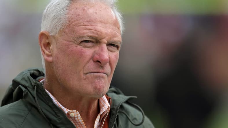 Browns owner Jimmy Haslam watches the team warm up before a game against the Tampa Bay Buccaneers, Sunday, Nov. 27, 2022, in Cleveland.
Jimmyhaslampre