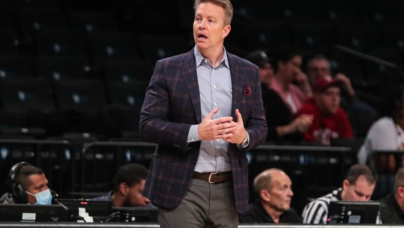 Nov 22, 2022; Brooklyn, New York, USA; Richmond Spiders head coach Chris Mooney at Barclays Center. Mandatory Credit: Wendell Cruz-USA TODAY Sports