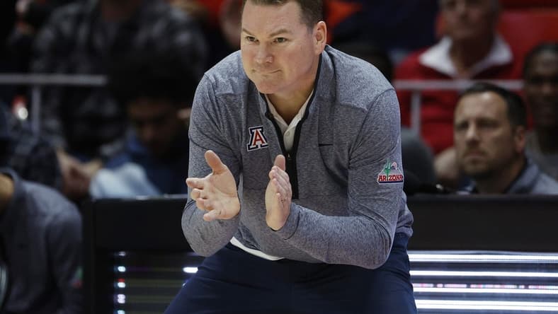 Dec 1, 2022; Salt Lake City, Utah, USA; Arizona Wildcats head coach Tommy Lloyd tries to get his team into the game against the Utah Utes at Jon M. Huntsman Center. Mandatory Credit: Jeffrey Swinger-USA TODAY Sports