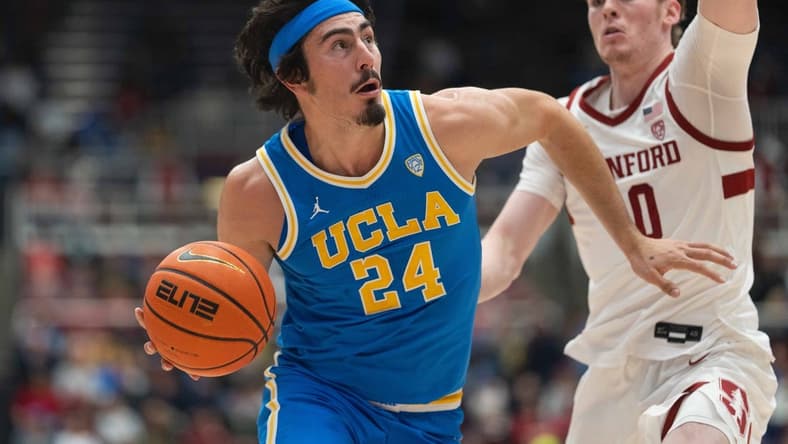Dec 1, 2022; Stanford, California, USA; UCLA Bruins guard Jaime Jaquez Jr. (24) drives the ball during the first half against the Stanford Cardinal at Maples Pavilion. Mandatory Credit: Stan Szeto-USA TODAY Sports